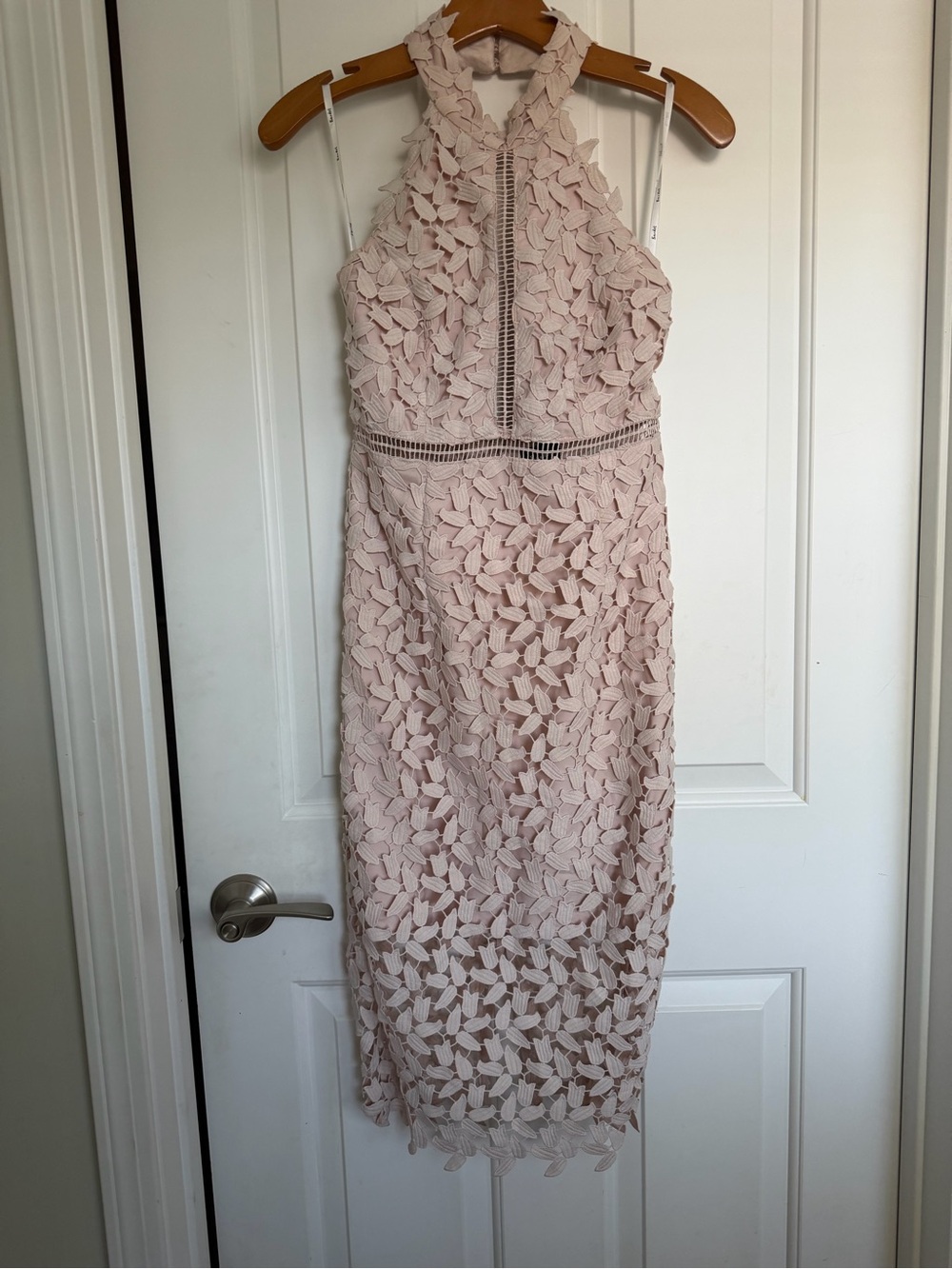 Bardot Blush Pink Crochet Halter Midi Dress